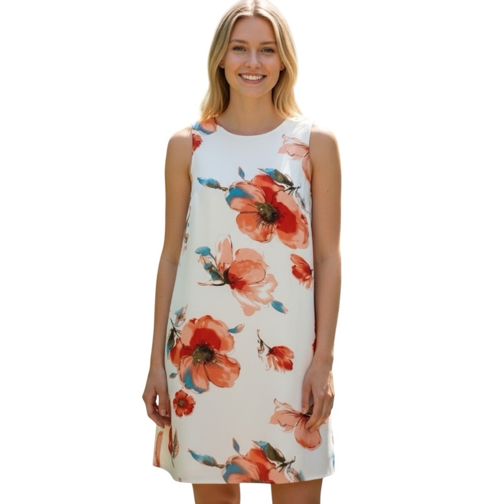 Ces Femme Floral Print Sleeveless Shift Dress, Pink/Red/White, Size Medium